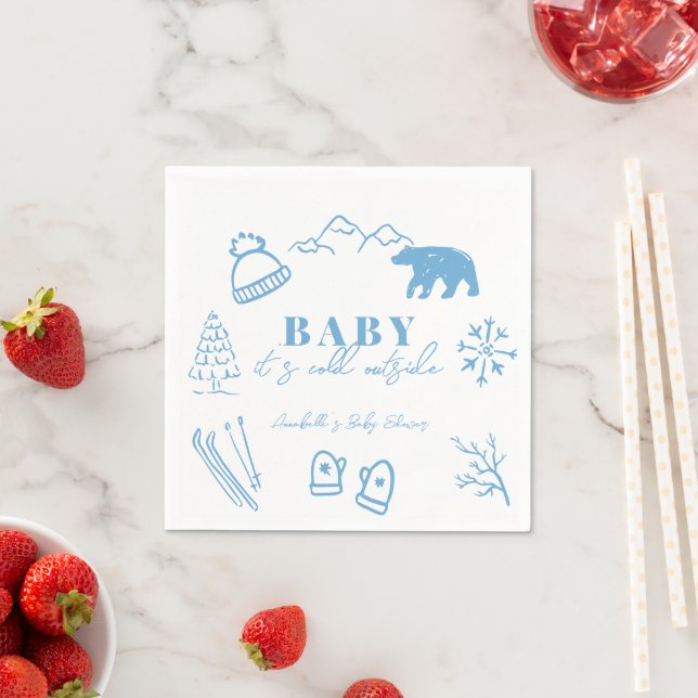 Baby It's Cold Outside Hand-drawn Blue Baby Shower Pappersservett (Insitu)