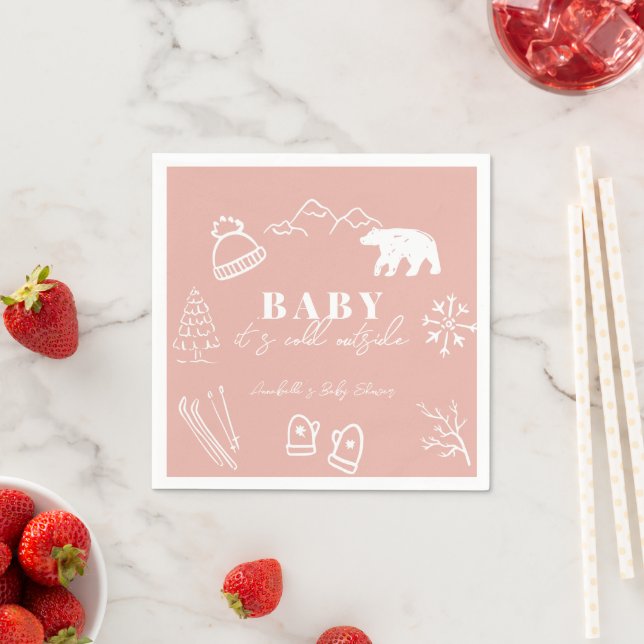 Baby It's Cold Outside Hand-drawn Pink Baby Shower Pappersservett (Insitu)