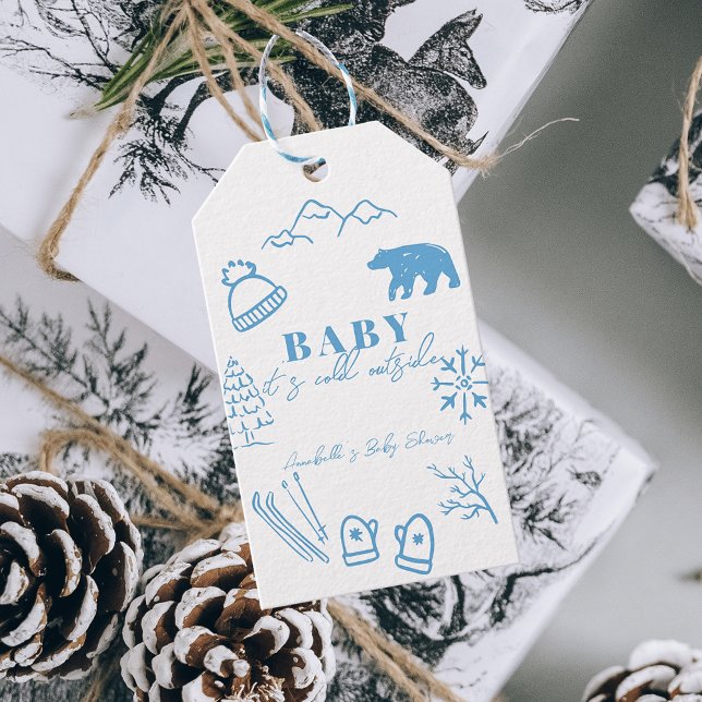 Baby It's Cold Outside Handritad Blå Bebis Shower Presentetikett (Skapare uppladdad)