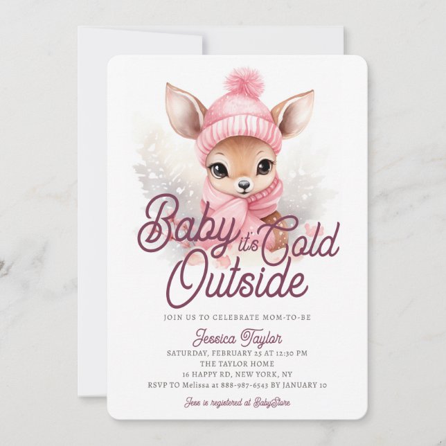 Baby It's Cold Outside Hjort Pink Vinter Bebisdusc Inbjudningar (Framsida)