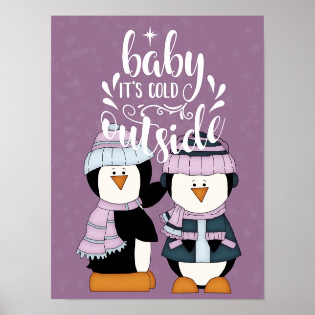 Baby It's Cold Outside Lila & Blå Pingviner Poster (Framsidan)