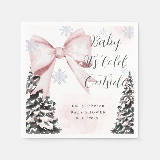 Baby It's Cold Outside Pink Bow Baby Shower Pappersservett (Framsidan)
