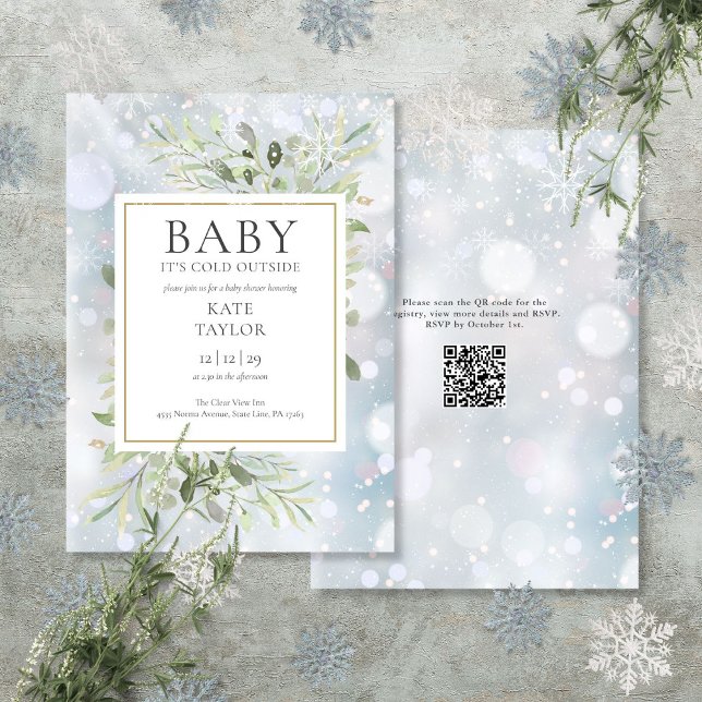 Baby It's Cold Outside QR-kod Vinter Bebis Shower Inbjudningar (Baby Its Cold Outside QR Code Winter Baby Shower Invitation)