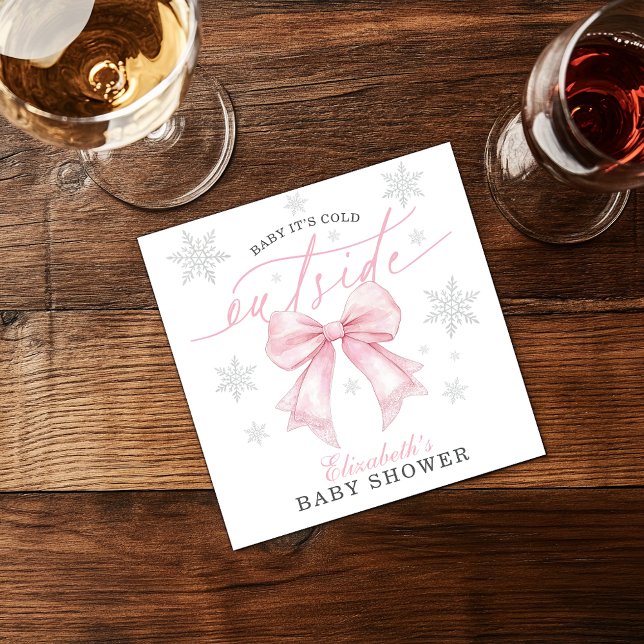 Baby It's Cold Outside Rosa Slinga Vinter Bebis Sh Pappersservett (Baby It’s Cold Outside Pink Bow Winter Baby Shower Napkins)