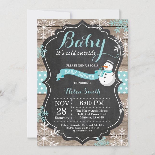 Baby it's Cold Outside Snömannen Aqua Baby Shower Inbjudningar (Framsida)