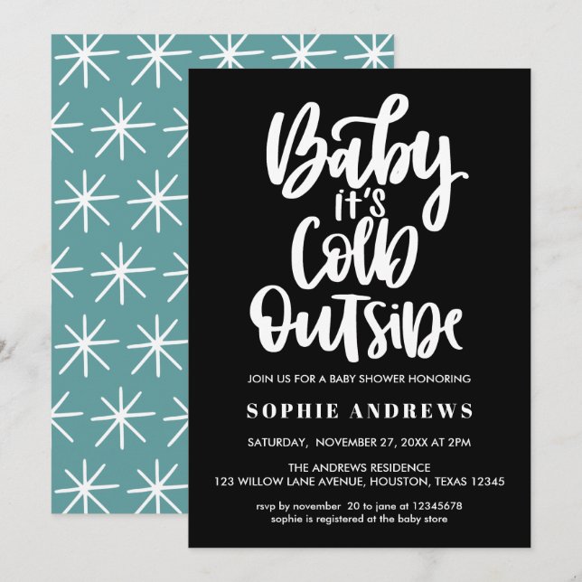 Baby It's Cold Outside | Svart  | Baby Shower Inbjudningar (Fram/baksida)