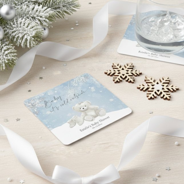 Baby, It's Cold Outside Teddy Bear Winter Accent Underlägg Papper Kvadrat (Skapare uppladdad)