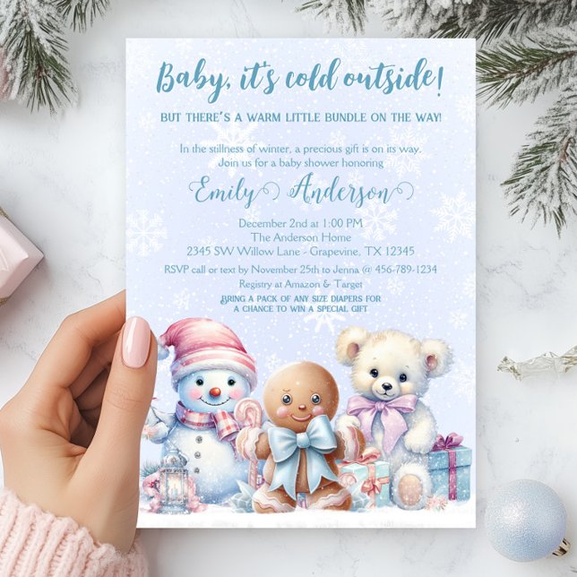 Baby, It's Cold Outside Vinter Baby Boy Shower Inbjudningar (Winter baby shower invitation with adorable snowman, gingerbread cookie and teddy bear.)