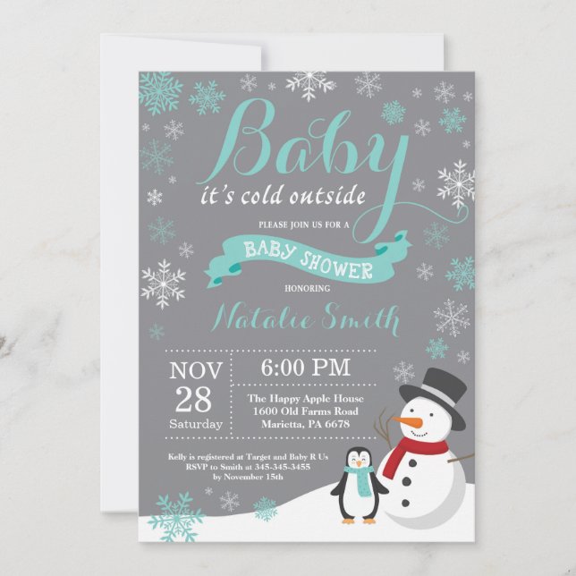 Baby It's Cold Outside Vinter Baby Shower Aqua Inbjudningar (Framsida)