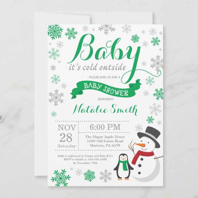 Baby It's Cold Outside Vinter Baby Shower Grön Inbjudningar (Framsida)