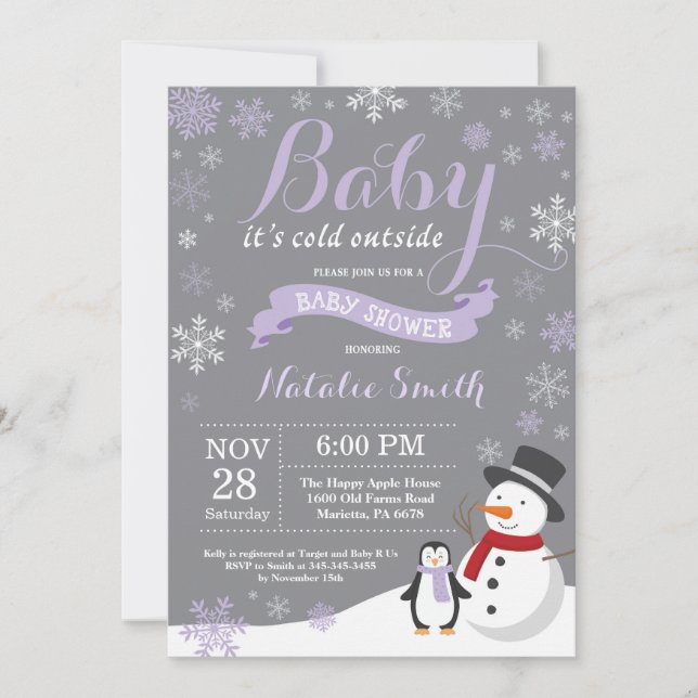 Baby It's Cold Outside Vinter Baby Shower Lila Inbjudningar (Framsida)