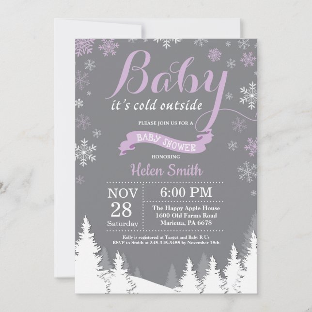 Baby it's Cold Outside Vinter Lila Bebis Shower Inbjudningar (Framsida)