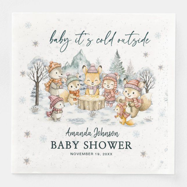 Baby Its Cold Outside Winter Woodland Baby Shower Pappersservett (Framsida)