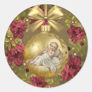 Baby Jesus i Blommigten Manger Jul WAN Runt Klistermärke