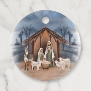 Baby Jesus i Manger Nativitet Gåvor Etiketter