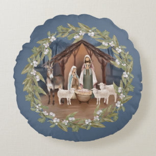 Baby Jesus i Manger Nativitet Rund Kudde