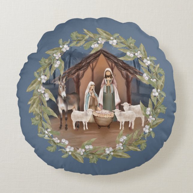 Baby Jesus i Manger Nativitet Rund Kudde (Framsidan)
