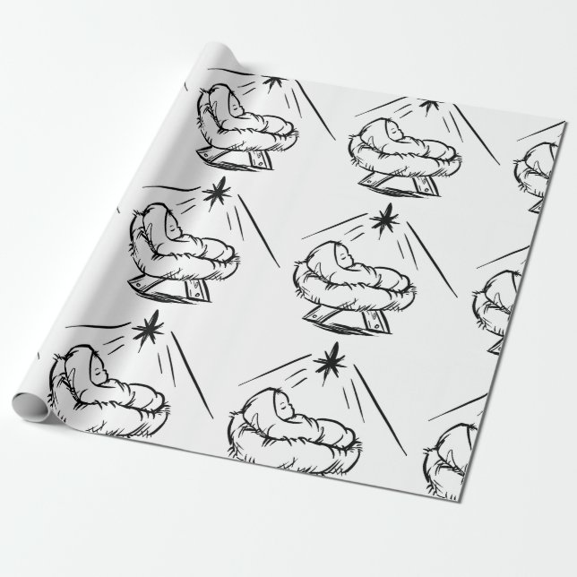 Baby Jesus i Manger som Papprast Presentpapper (Utrullad)