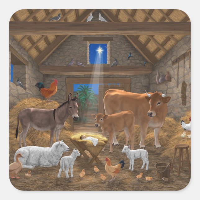 Baby Jesus Manger Heliga Nattjultomhet Nativitet Fyrkantigt Klistermärke (Framsida)
