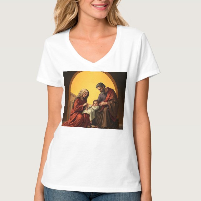 Baby Jesus Mary och Joseph Women's V-Nacke Tee (Framsida)