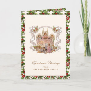 Baby Jesus med Änglar Vintage Holly Berries Helgkort