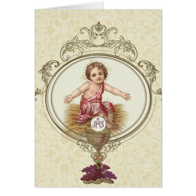 Baby Jesus med Heliga Chalice & Host Religiösa Hälsningskort (Framsidan)