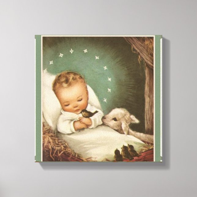 Baby Jesus med lamm och fågel i manger Canvastryck (Framsida)