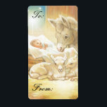 Baby Jesus Nativitet med Lambs och Donkey Gift-Mär Fraktsedel<br><div class="desc">Jag verkligen ville göra en Nativitetsmålning med bara baby djur kring Baby Jesus,  och detta var resultatet. Ett mjukt gyllene ljus omger scenen där Jesus lägger sig i manern,  två baby-lamm har strött framför och en baby-åsna tittar över dem alla.</div>