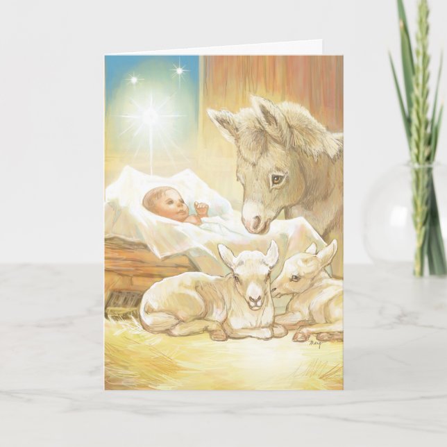 Baby Jesus Nativitet med Lambs och Donkey Helgkort (Framsida)