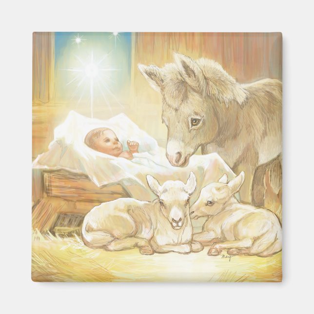 Baby Jesus Nativitet med Lambs och Donkey Magnet (Framsidan)