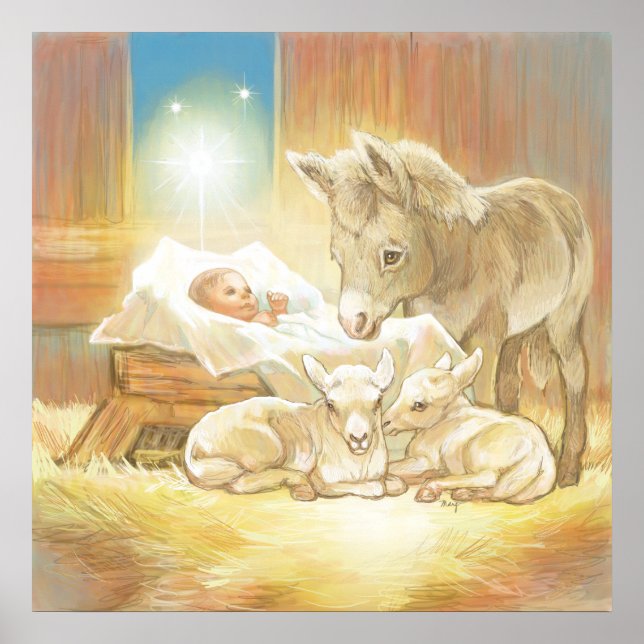 Baby Jesus Nativitet med Lambs och Donkey Poster (Framsidan)