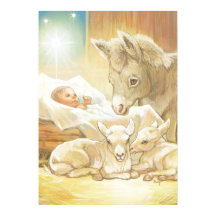 Baby Jesus Nativitet med Lambs och Donkey