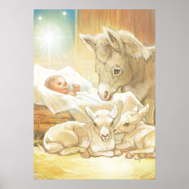 Baby Jesus Nativitet med Lambs och Donkey Poster