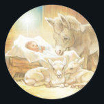 Baby Jesus Nativitet med Lambs och Donkey Runt Klistermärke<br><div class="desc">Jag verkligen ville göra en Nativitetsmålning med bara baby djur kring Baby Jesus,  och detta var resultatet. Ett mjukt gyllene ljus omger scenen där Jesus lägger sig i manern,  två baby-lamm har strött framför och en baby-åsna tittar över dem alla.</div>