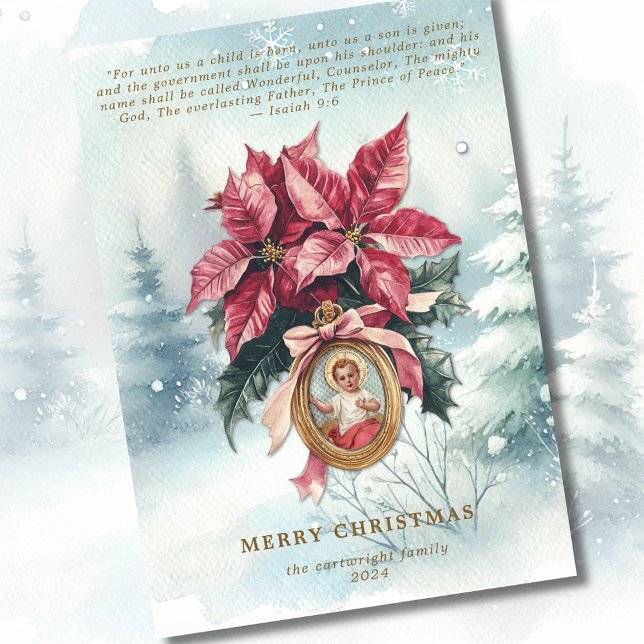 Baby Jesus Poinsettia Watercolor Scripture Julkort (Skapare uppladdad)