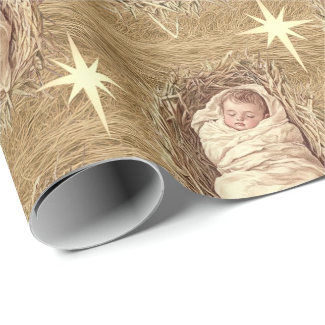 Baby Jesus Watercolor Manger Hay Presentpapper (Rullad Hörn)