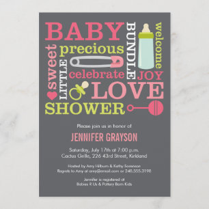Baby-jumble Baby Shower-inbjudan till Rosa Inbjudningar