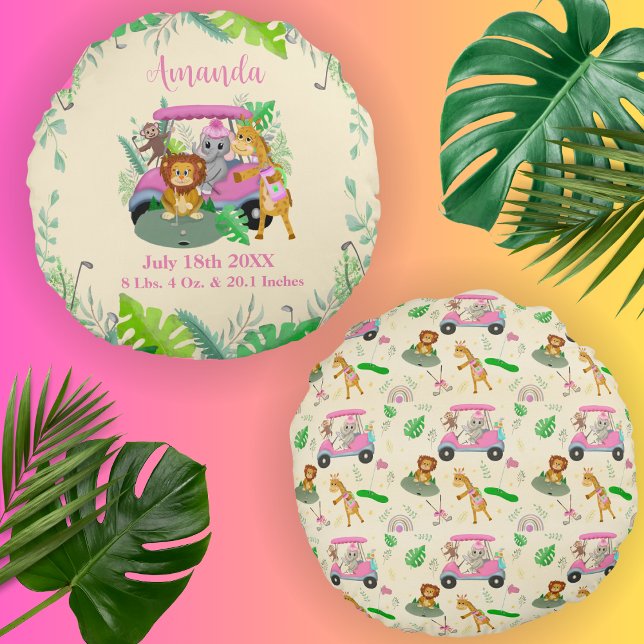 Baby Jungle Djur Golfar Rosa Rund Kudde (Skapare uppladdad)