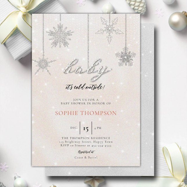 Baby Kall utanför Glitter Snöflingor Flickor Showe Inbjudningar (baby its cold outside baby shower invitation rhinestone glitter sparkle snowflakes girl pink elegant)