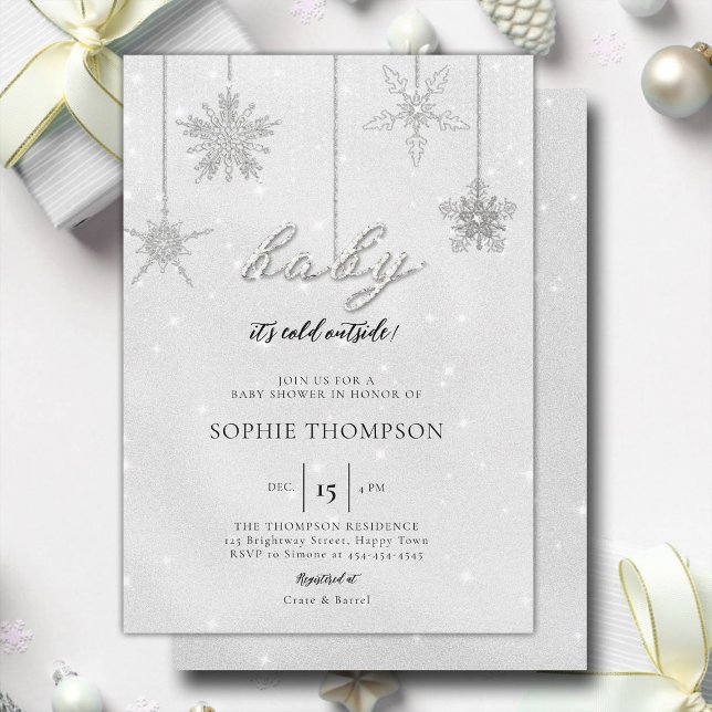 Baby Kall utanför Glitter Snowflake Neutralt Showe Inbjudningar (baby its cold outside baby shower invitation rhinestone glitter sparkle snowflakes gender neutral)