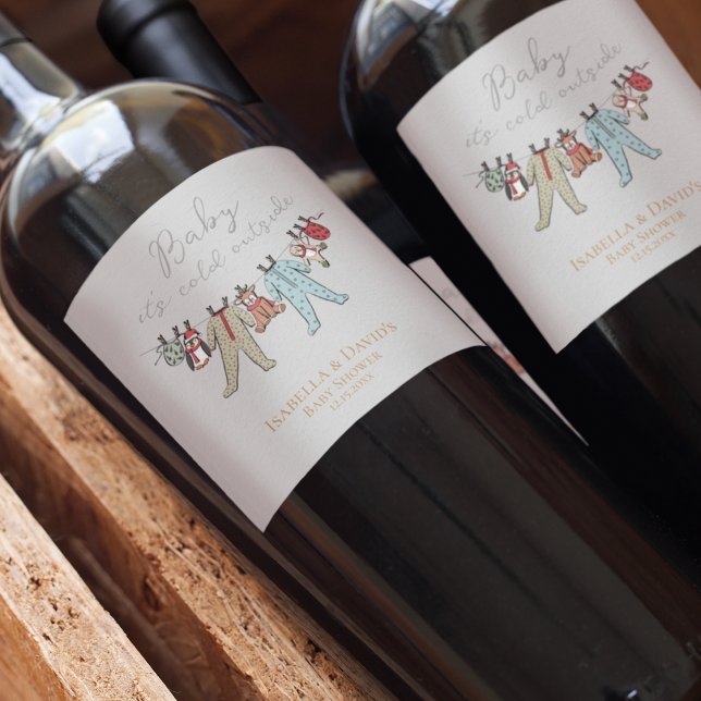 Baby Kallet utanför babyduschen för vinter Vinflaska Etikett (Elegant & Cute Winter Baby Shower "Baby it's Cold Outside" Wine Labels. Customize with Name & Date.)