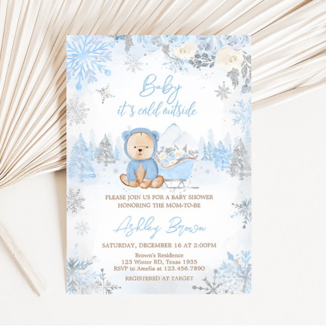 Baby Kallet utanför Blue Bear Baby Shower Inbjudningar (Blue Winter Bear Baby Shower Invitation )