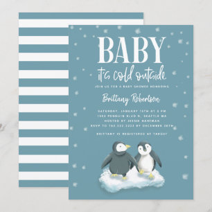 Baby Kallet utanför Blue Penguins Baby Shower Inbjudningar