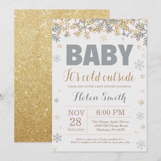 Baby Kallet utanför Guld och Grått Baby Shower Inbjudningar (Fram/baksida)