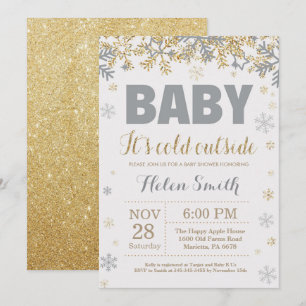 Baby Kallet utanför Guld och Grått Baby Shower Inbjudningar