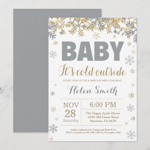 Baby Kallet utanför Guld och Grått Baby Shower Inbjudningar