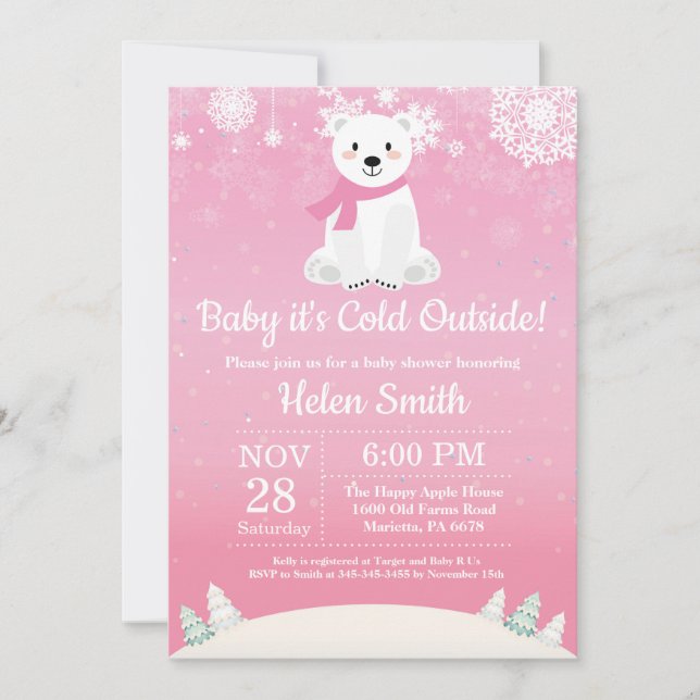 Baby Kallet utanför Polarna Bear Girl Baby Shower Inbjudningar (Framsida)