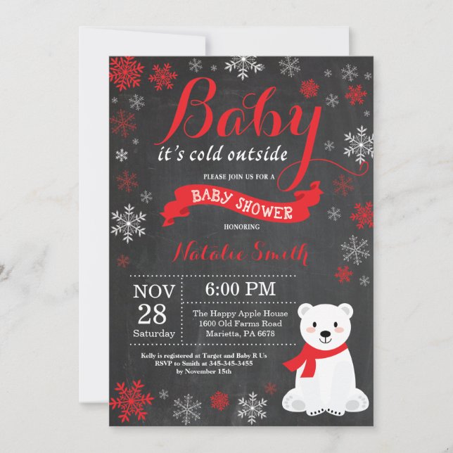 Baby Kallet utanför Polarna Bear Red Baby Shower Inbjudningar (Framsida)