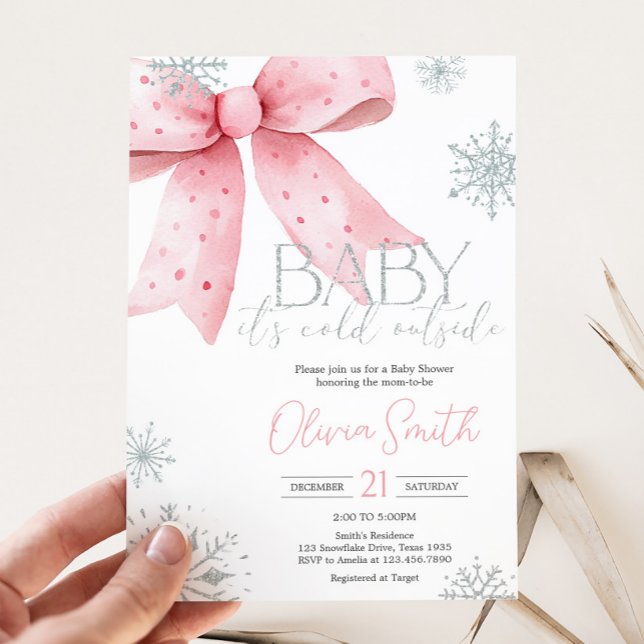 Baby Kallet utanför Rosa Bow Baby Shower Inbjudningar (Winter Pink Bow Baby Shower Invitation
)