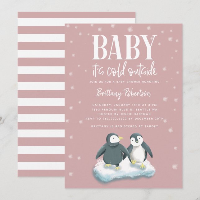 Baby Kallet utanför Rosa Penguins babyskor Inbjudningar (Fram/baksida)